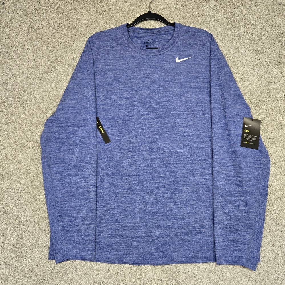 Nike Dri Fit long sleeve mens 2XL shirt blue stretch lightweight slim fit NEW
